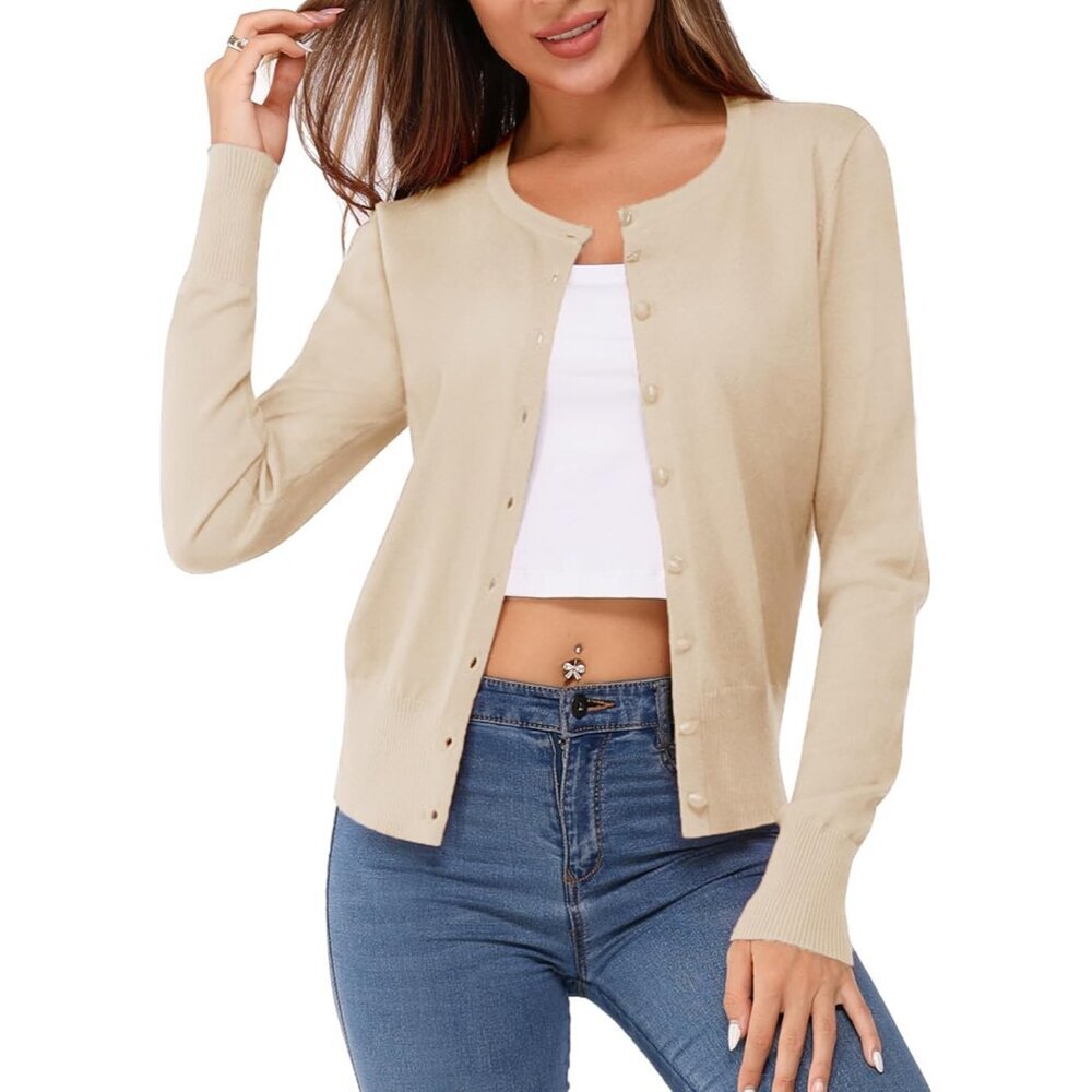 Women's Lightweight Knit Cardigan Long Sleeve Crew Neck Casual Sweater